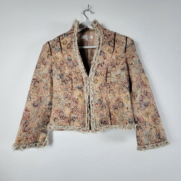 Allan Waller Women's Floral Print Fringe Accent Casual Open-Front Blazer Beige 4 - Picture 1 of 9